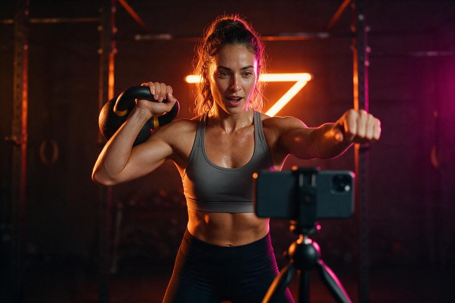 Fitness-Creatorin filmt ihr Training mit dem Smartphone auf einem Stativ.