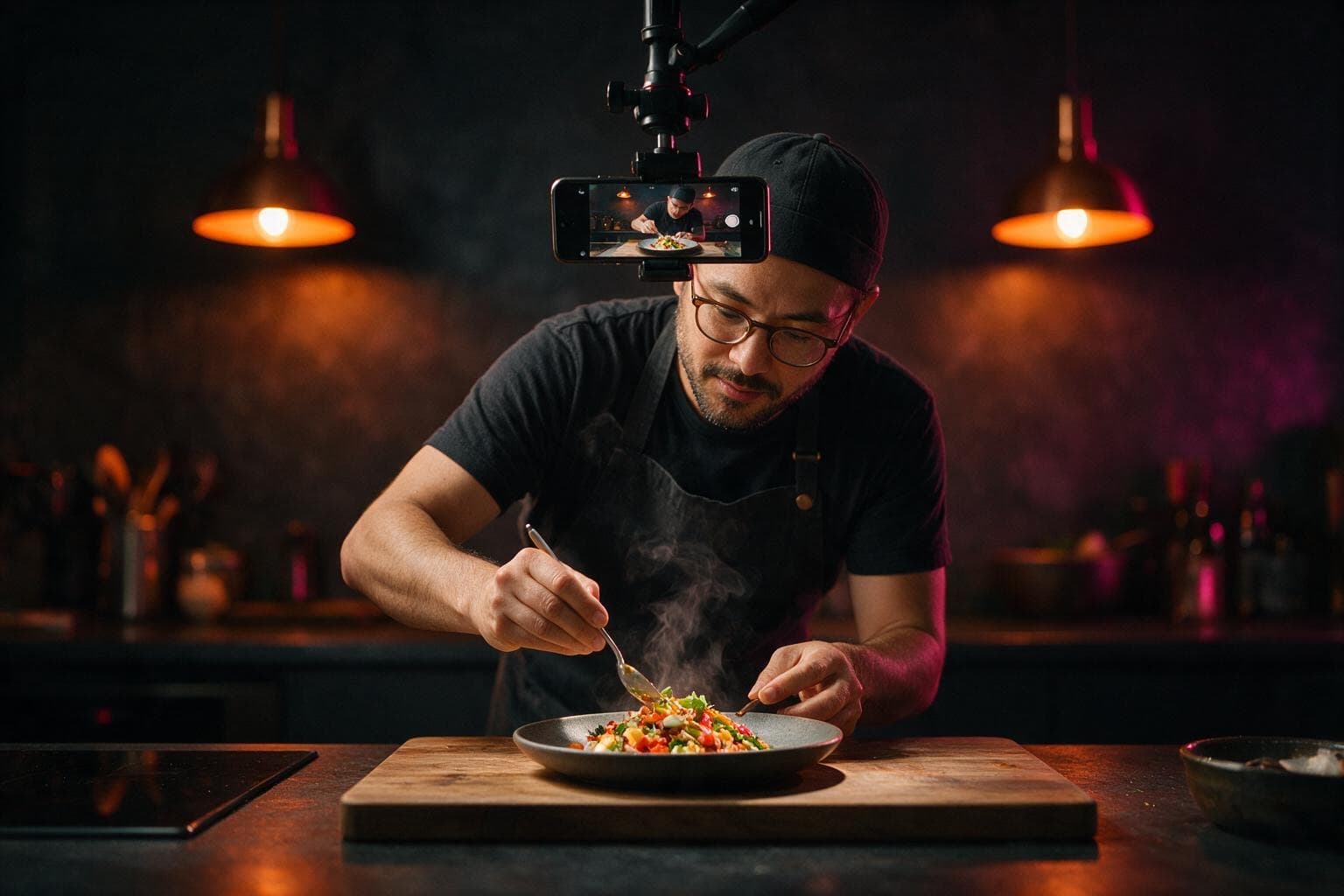 Food-Creator richtet einen Teller an, ein Smartphone filmt von oben.