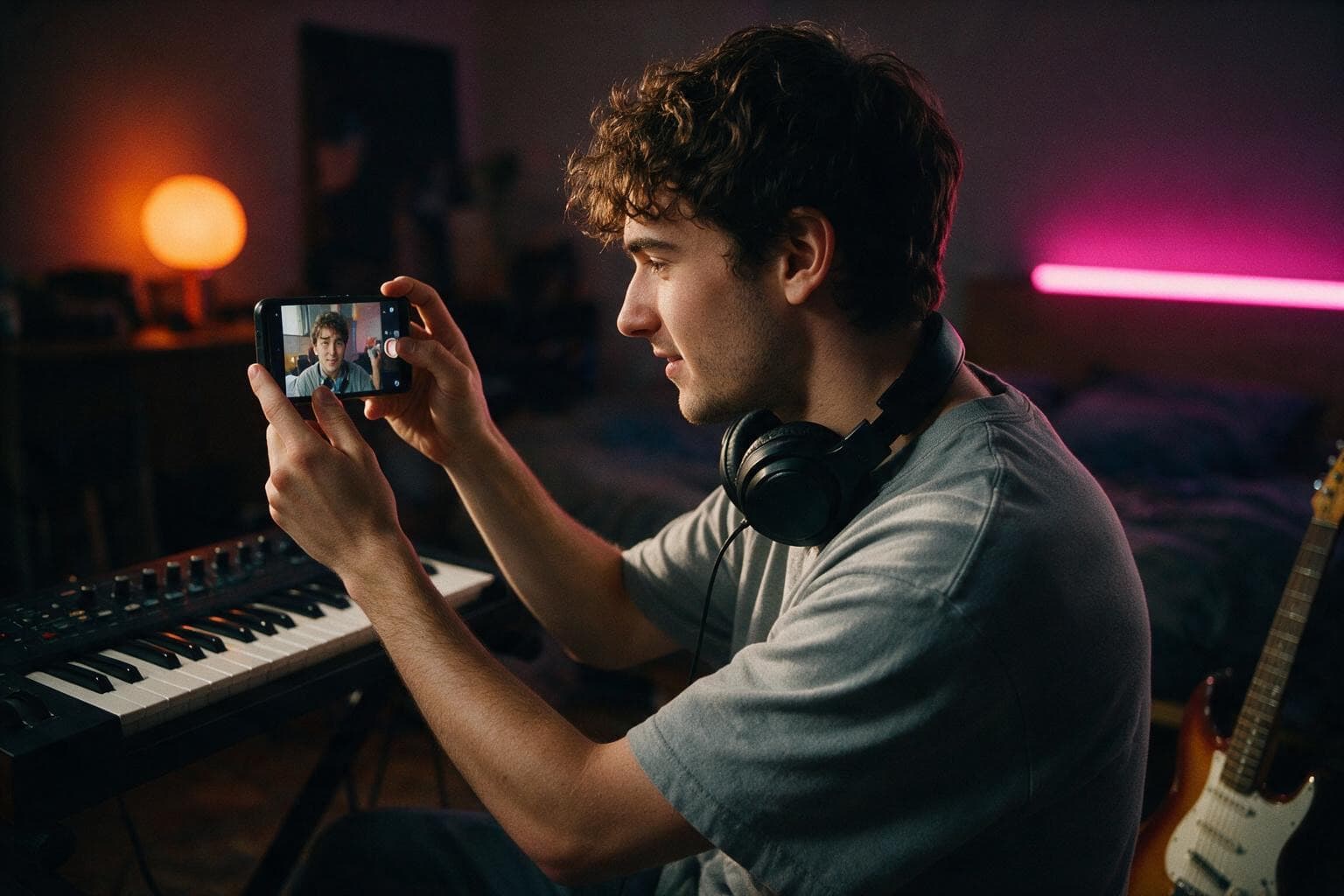 Musik-Creator filmt sich im Heimstudio.