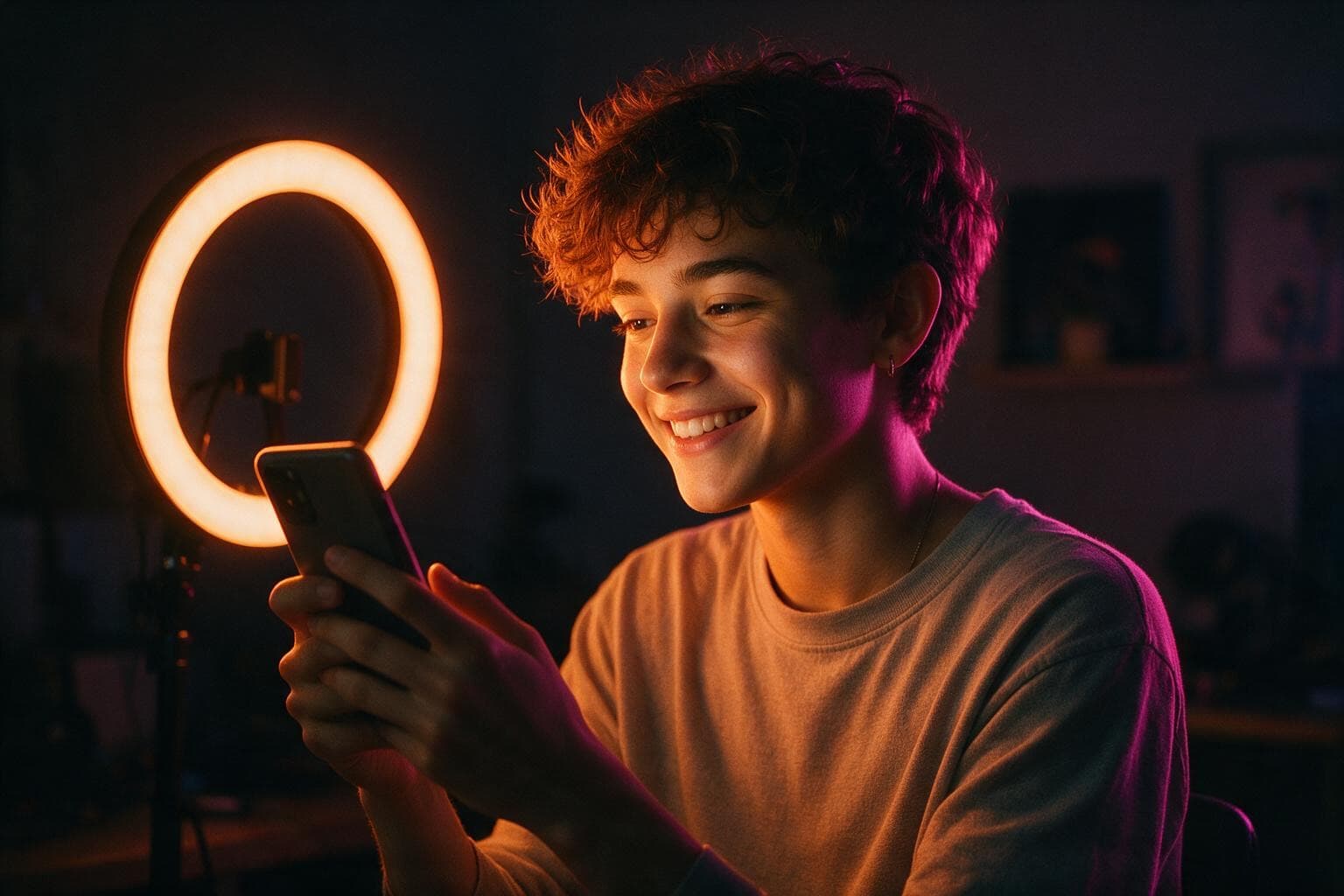 Creator im Ringlicht schaut lächelnd aufs Smartphone.