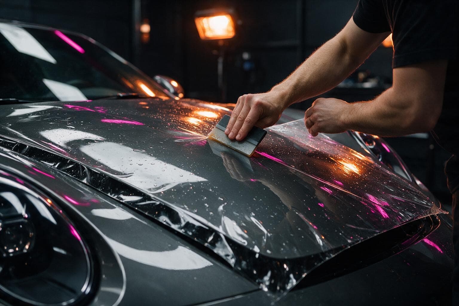 Ein Techniker zieht Lackschutzfolie über die Motorhaube eines dunklen Sportwagens.